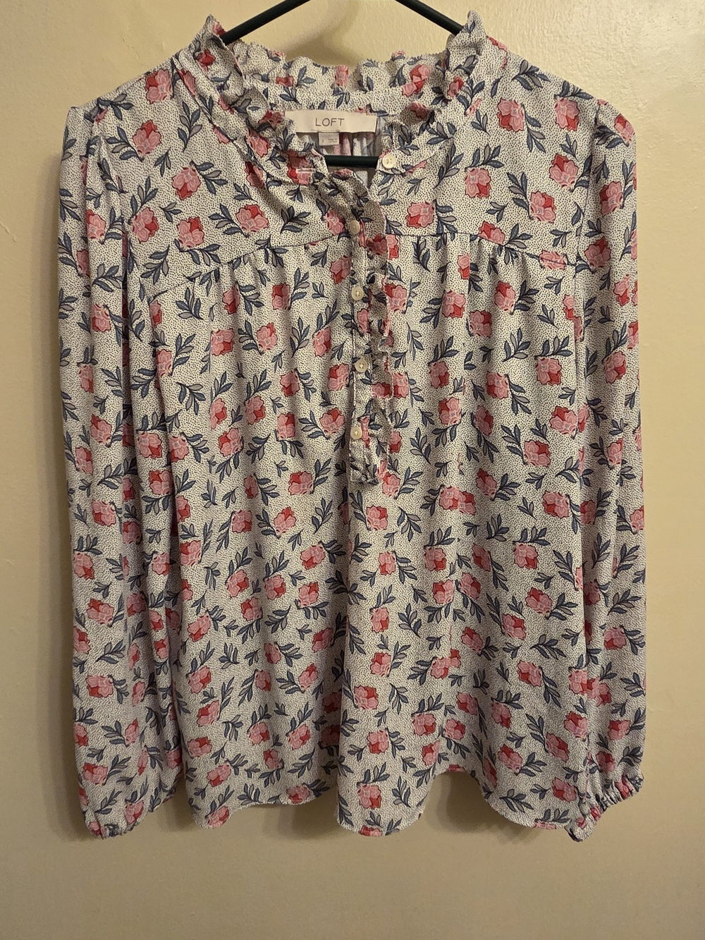 LOFT Ditsy Floral Ruffle Collar Cottagecore Romantic Boho Long Sleeve Blouse S